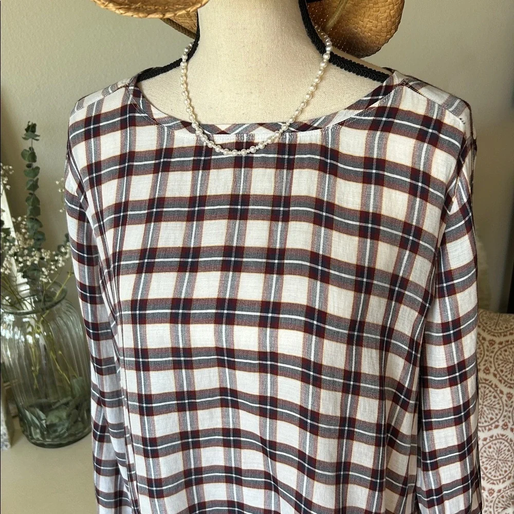 Ann Taylor loft white navy maroon plaid long sleeve boxy sheer blouse top M​​ - Picture 2 of 11